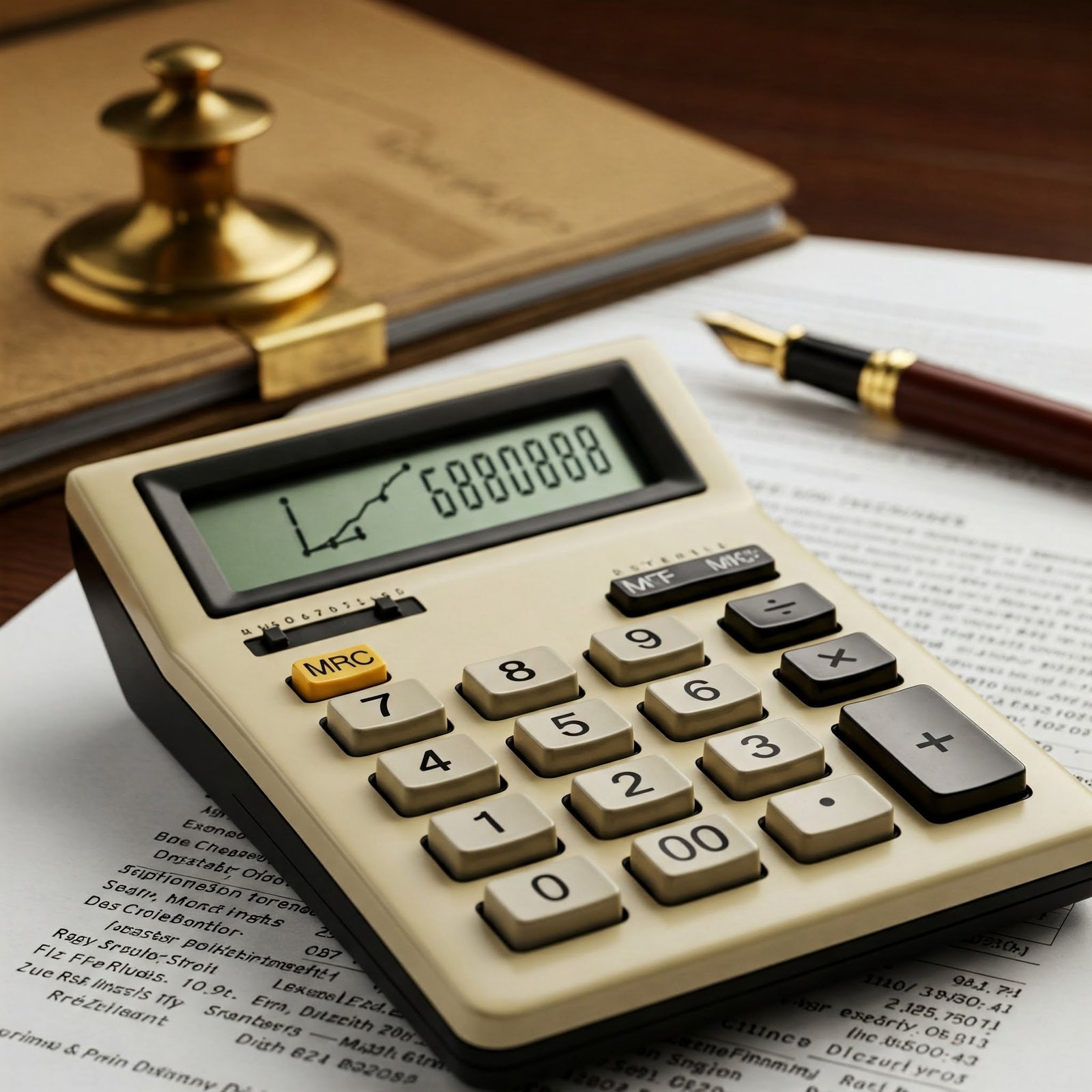A calculator and financial charts on a desk.