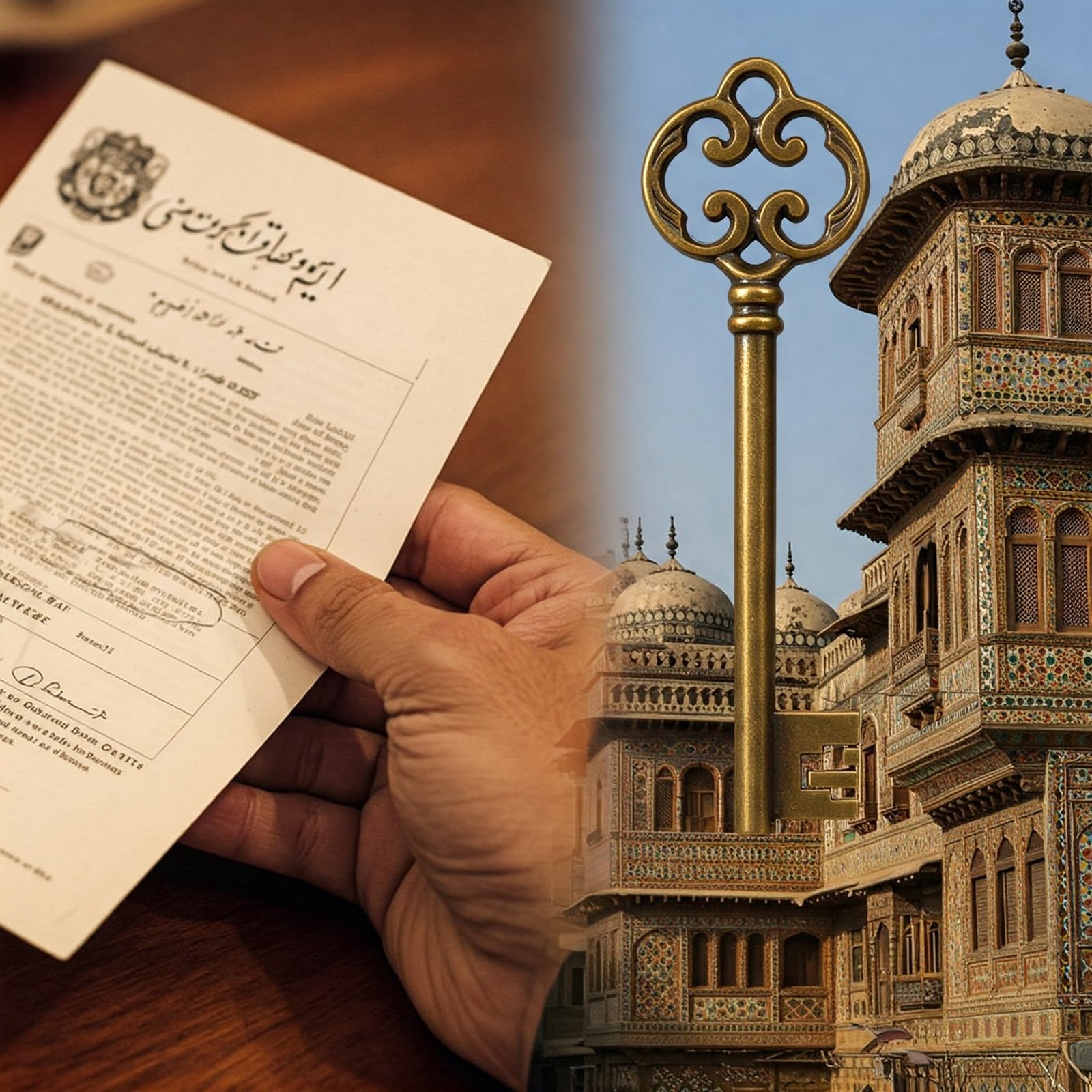 A close-up of a hand holding a legal document, or a shot of a traditional Pakistani house with a symbolic key overlay.