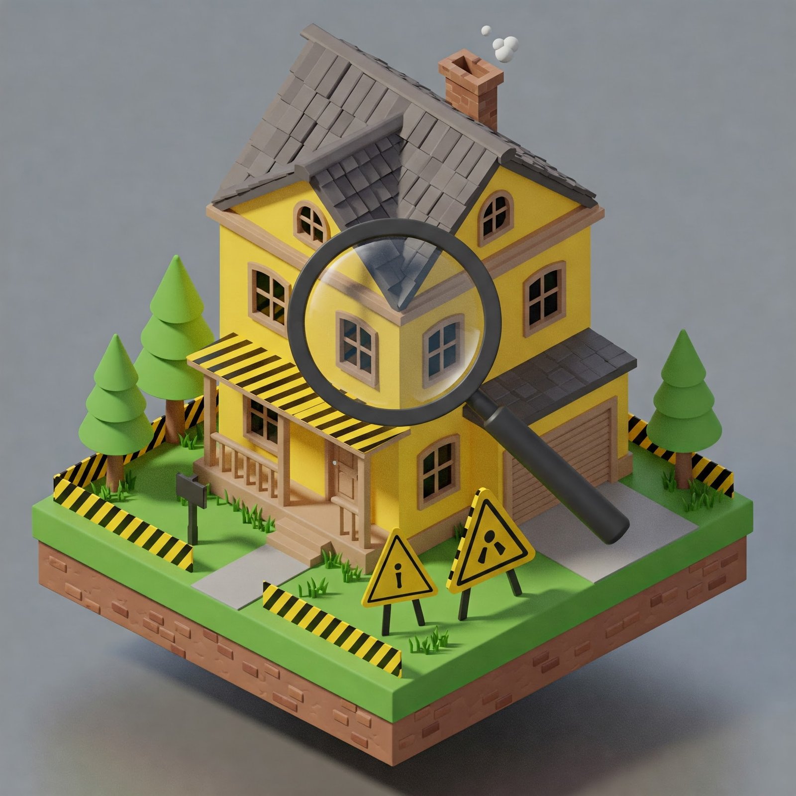 A stylized, isometric illustration of a quaint, two-story house with a vibrant yellow exterior and a prominent black and yellow striped caution sign prominently displayed on the front lawn. A stylized magnifying glass hovers over a portion of the image, emphasizing the warning.