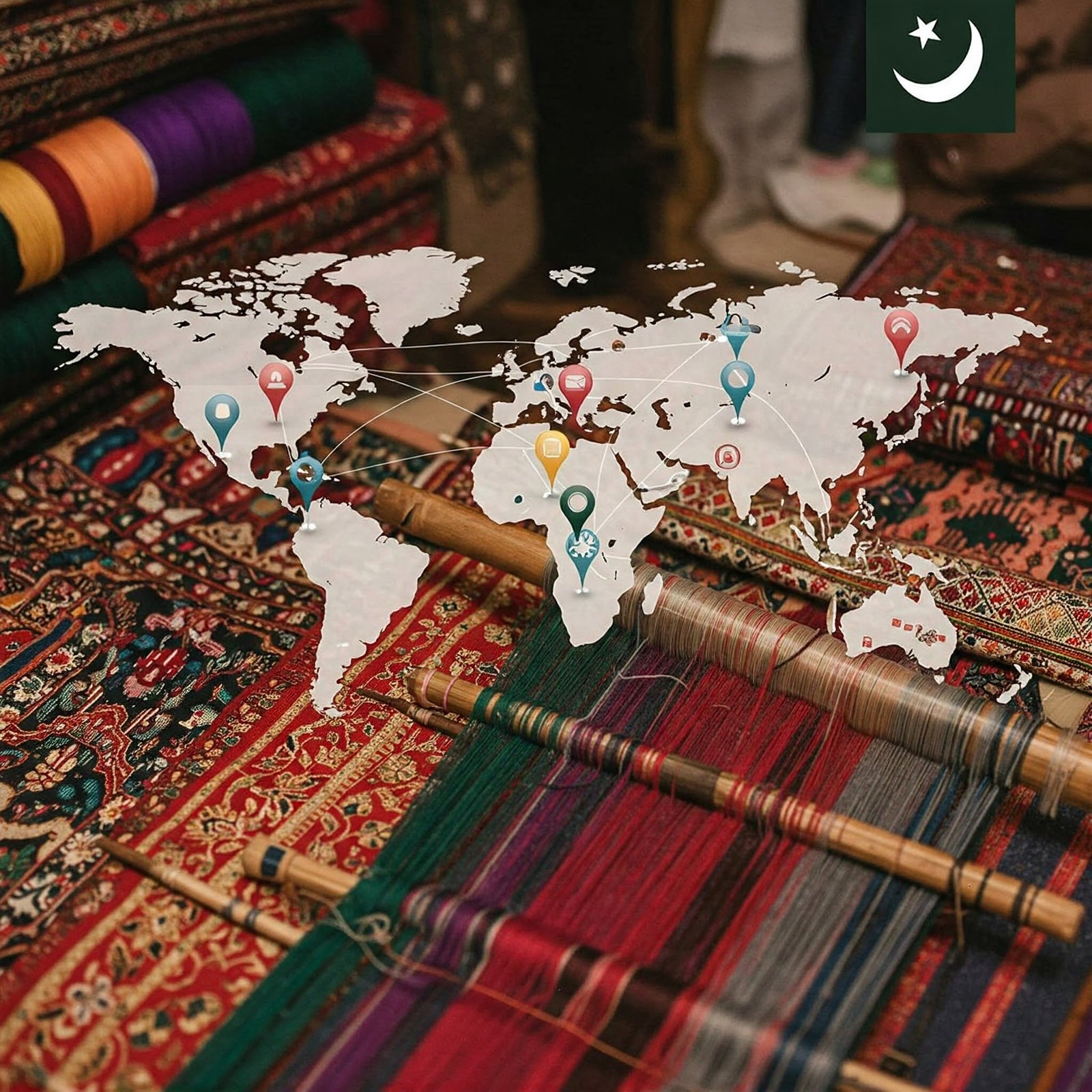 A vibrant, high-resolution photograph capturing the intricate process of Pakistani textile weaving.